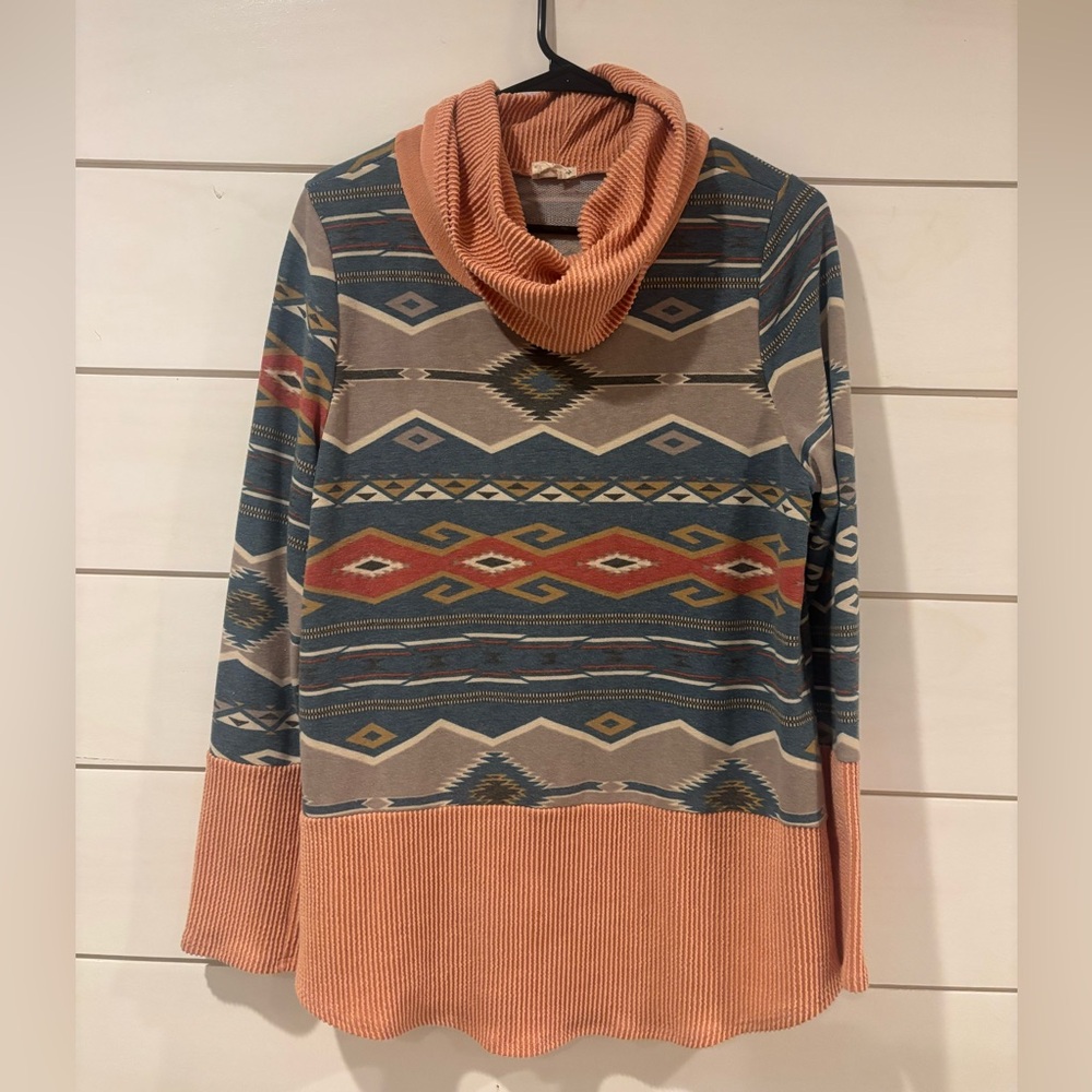 Lovely Melody Southwestern Cowl Neck Sweater - Orange, Blue, Brown